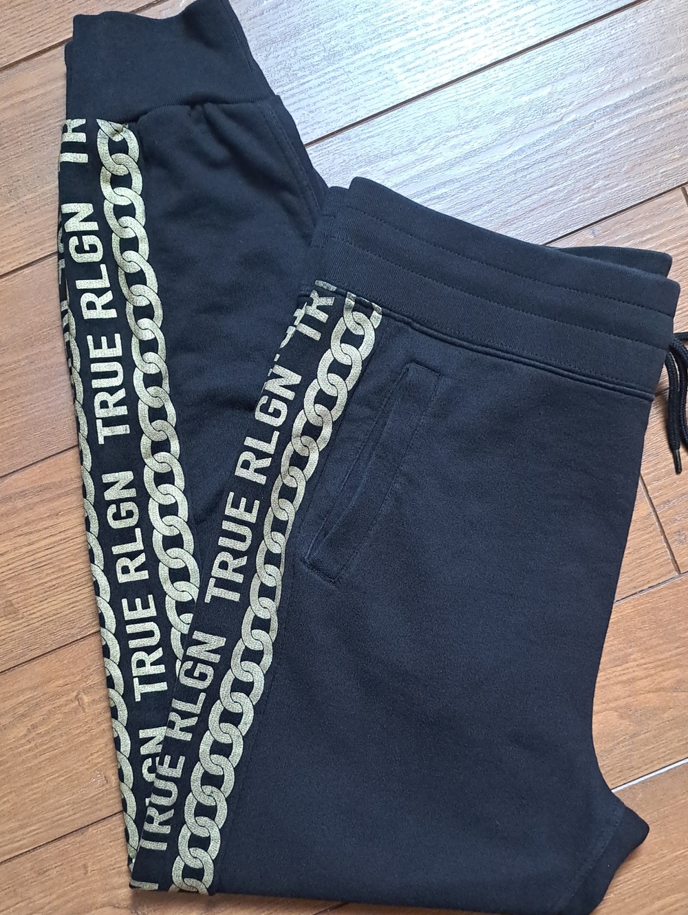 True Religion Gold Chain Link Side Stripe Joggers Black Mens Large Sweatpants